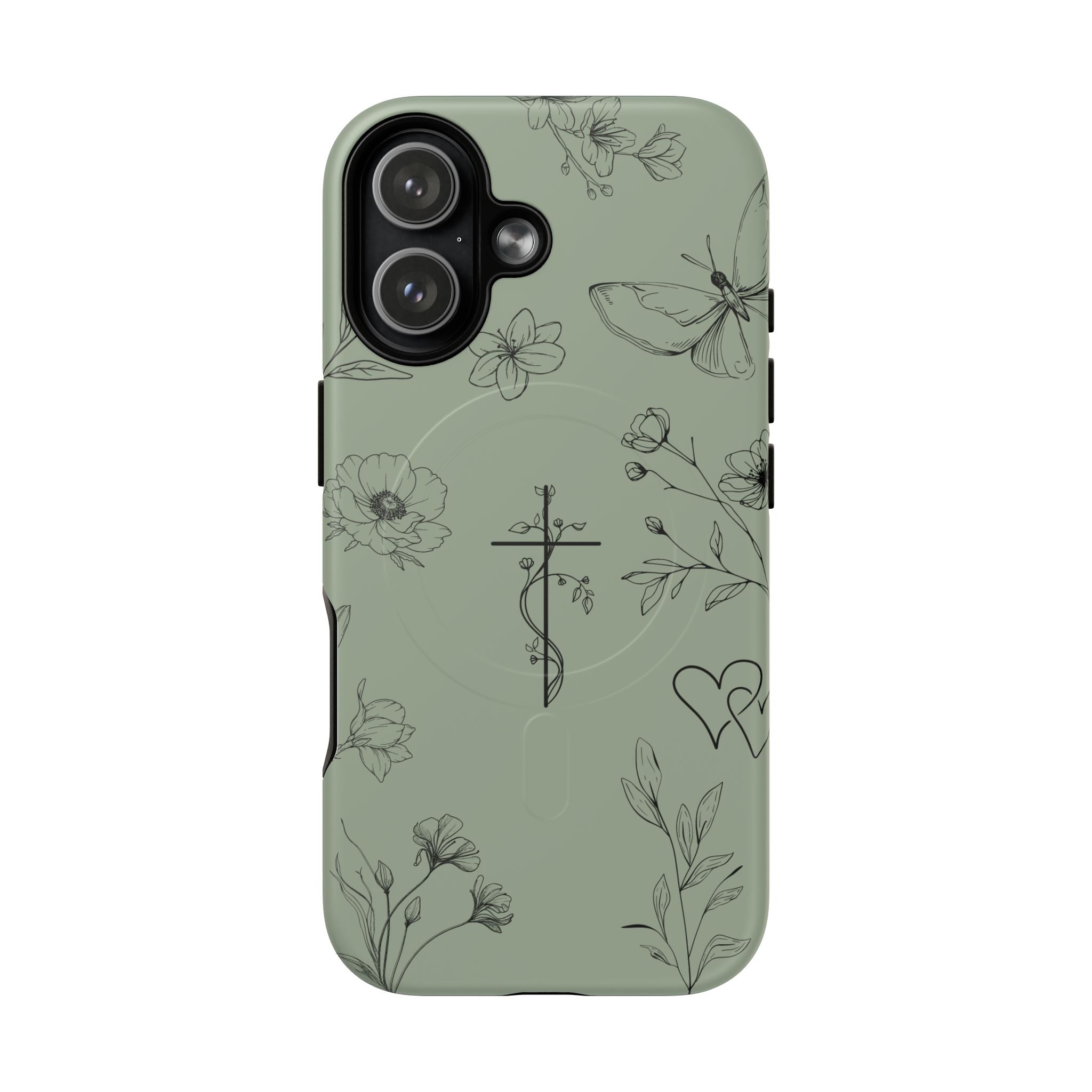 MagSafe phone case - sage green floral cross design