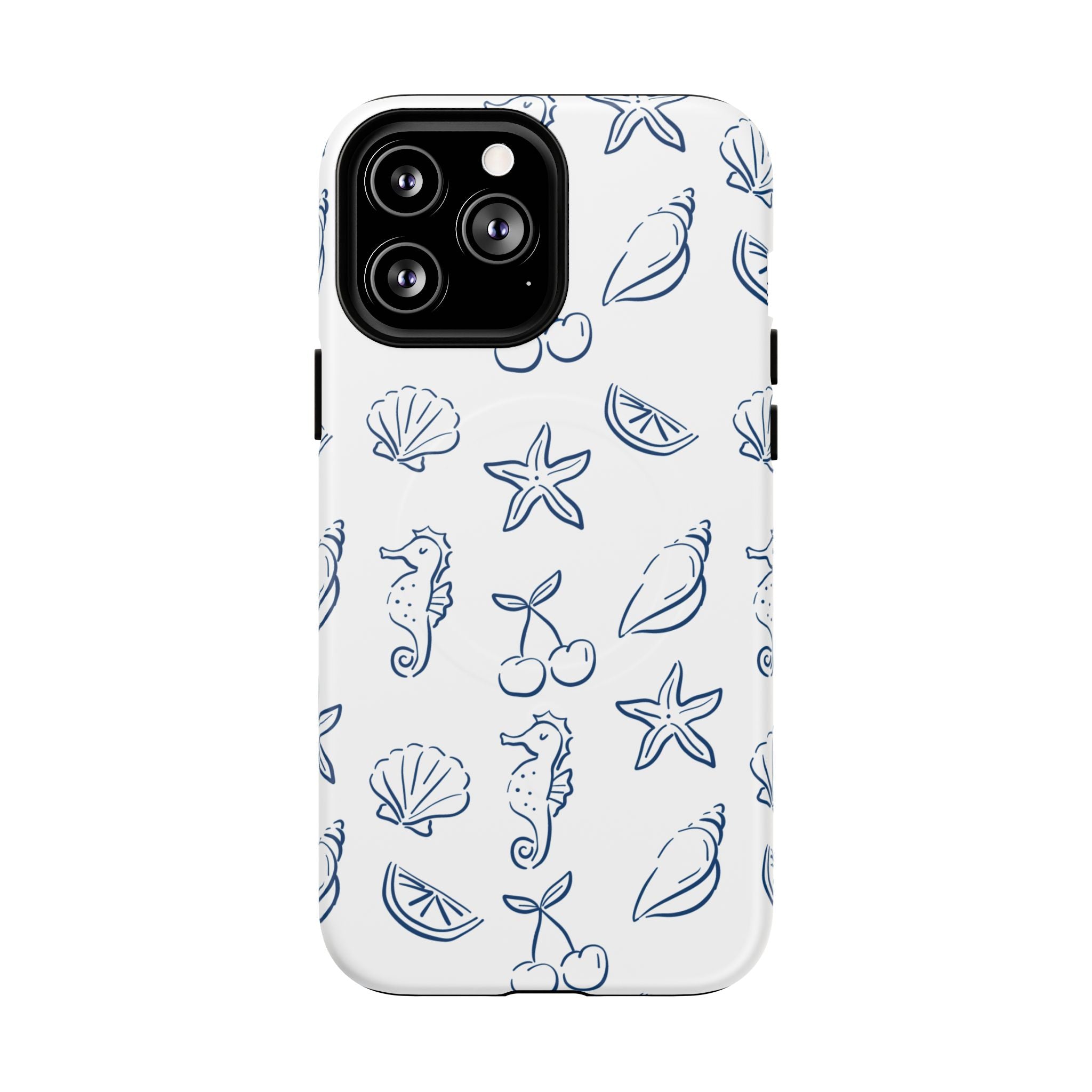 Nautical Sketch Magnetic Phone Case — Seahorse & Seashell Pattern