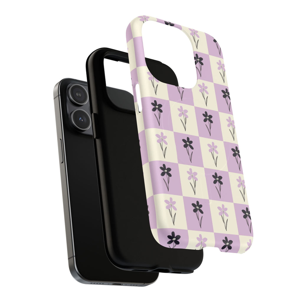 Floral Check Pattern Tough Magnetic Phone Case — Lavender Retro Grid