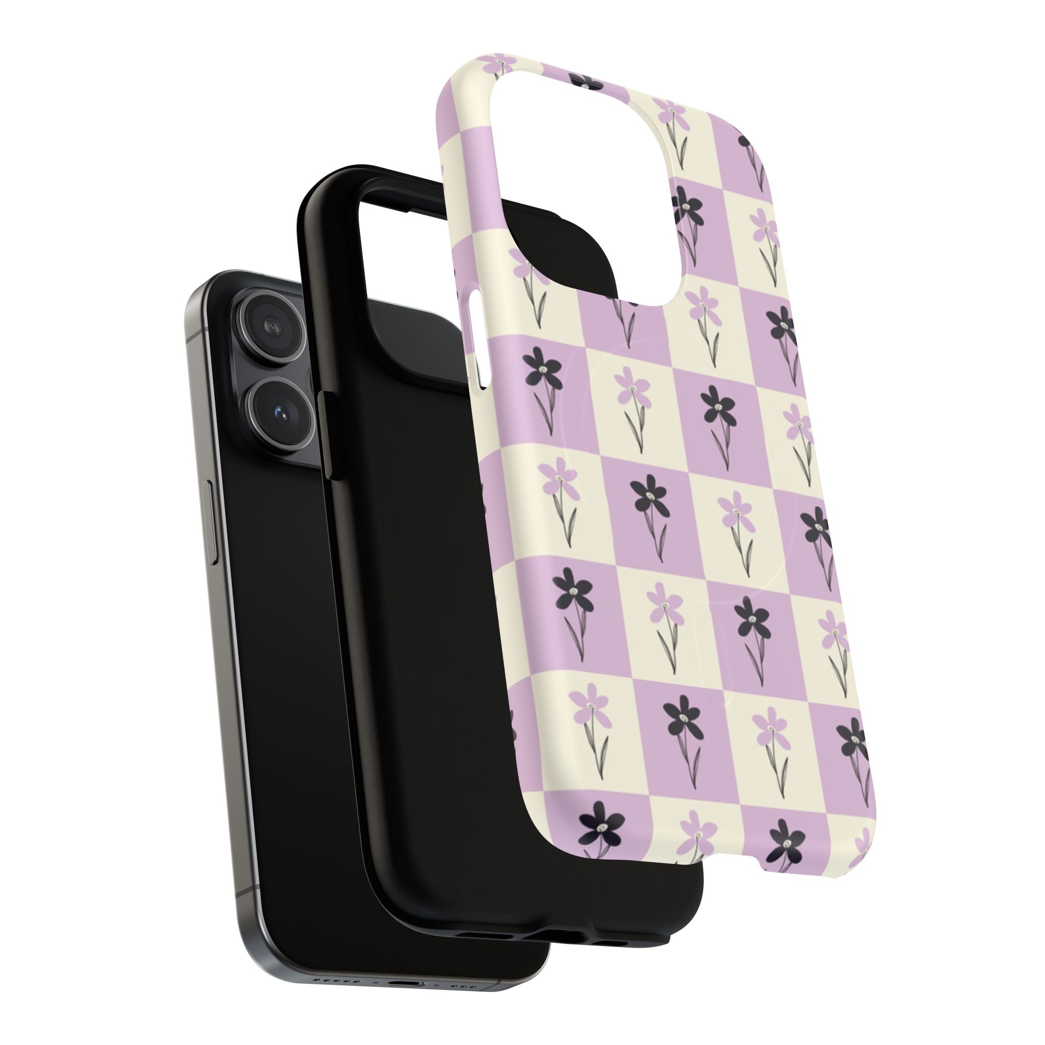 Floral Check Pattern Tough Magnetic Phone Case — Lavender Retro Grid