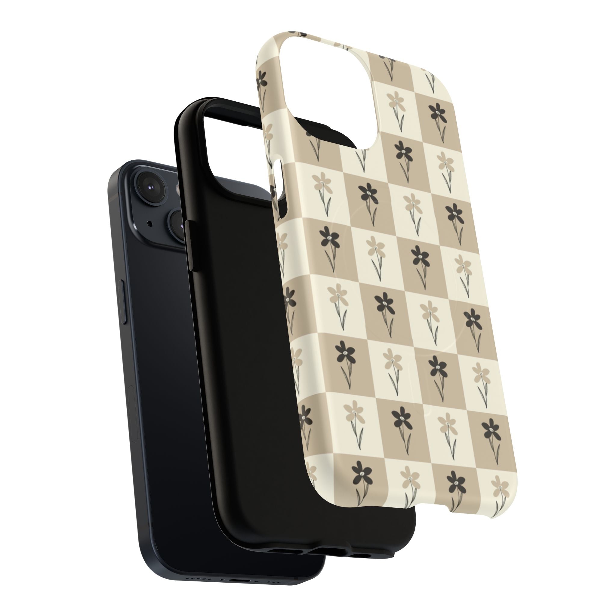 Floral Checkered Tough Magnetic Phone Case — Beige Vintage Flower Grid