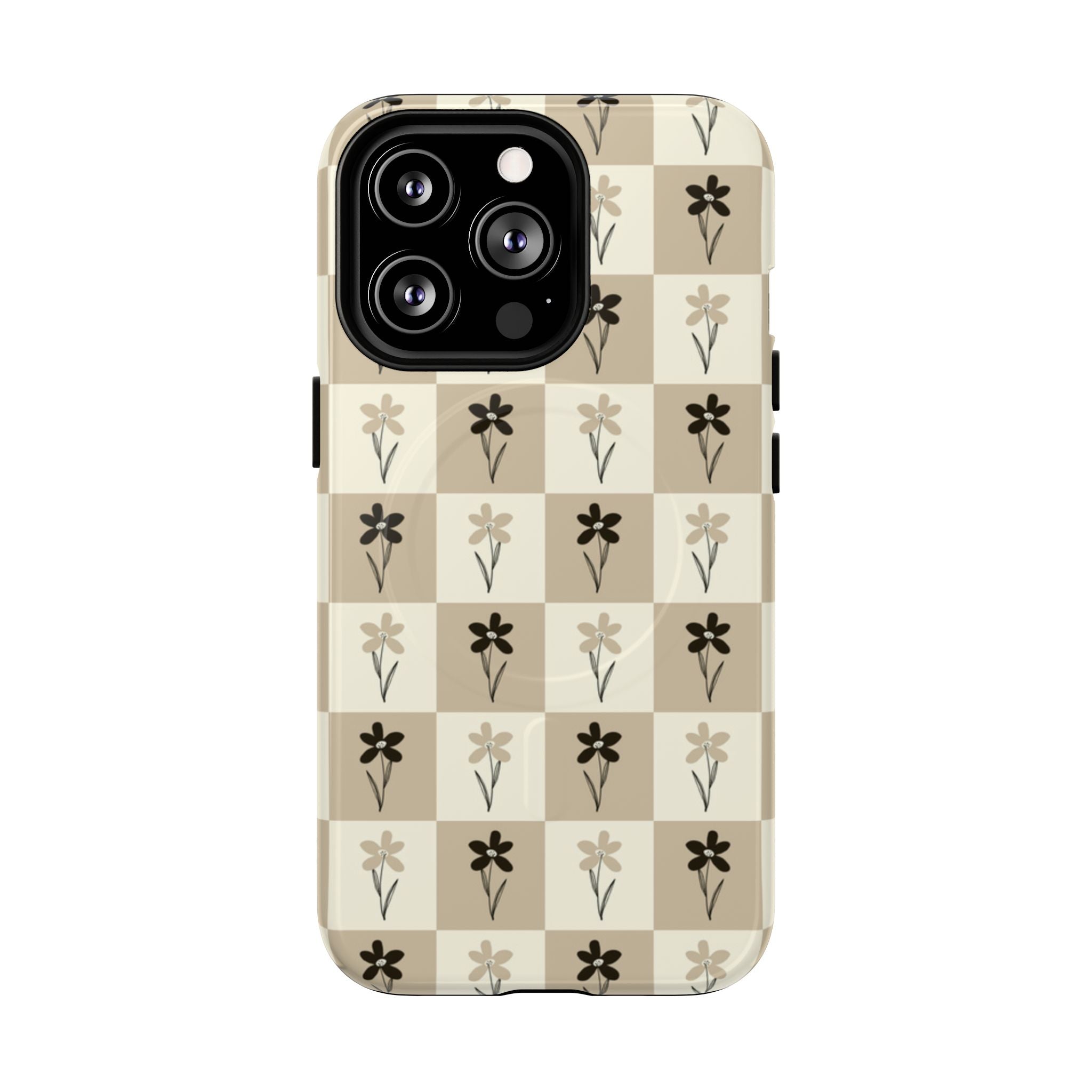 Floral Checkered Tough Magnetic Phone Case — Beige Vintage Flower Grid