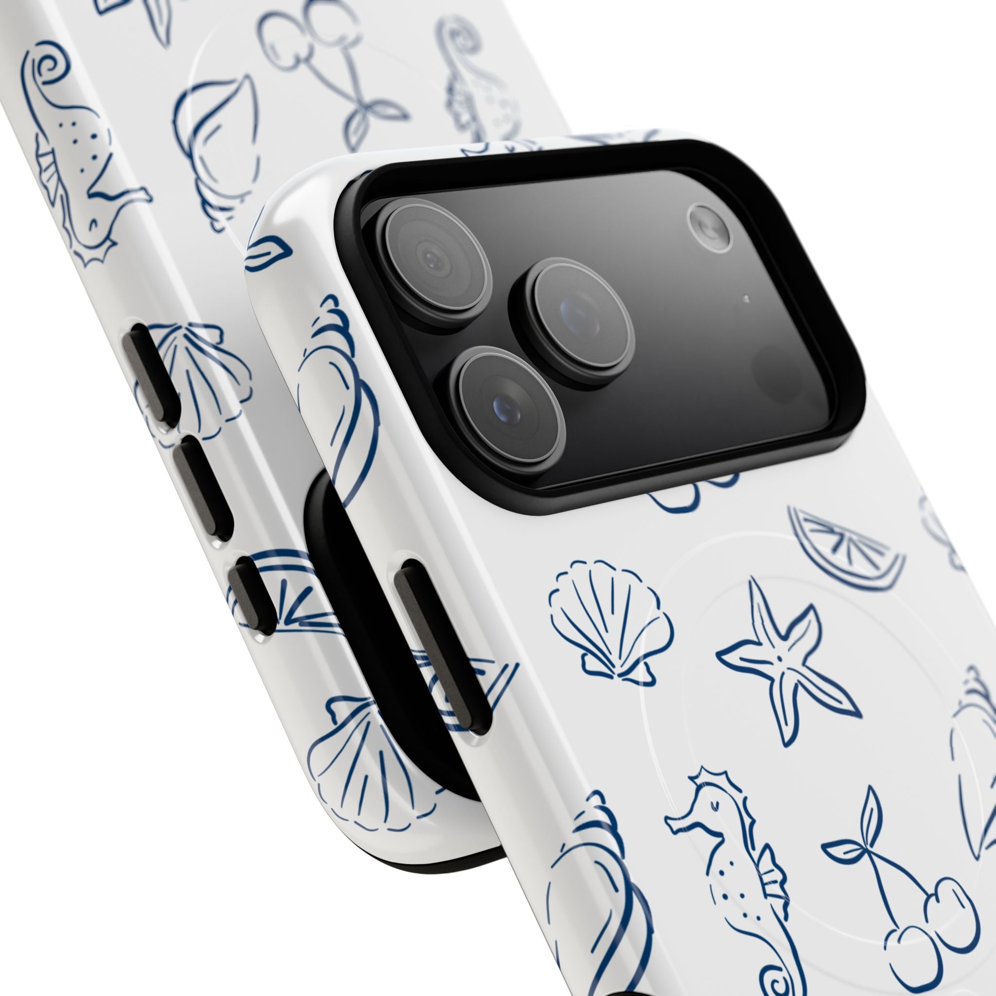 Nautical Sketch Magnetic Phone Case — Seahorse & Seashell Pattern
