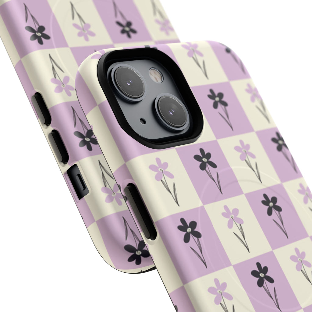 Floral Check Pattern Tough Magnetic Phone Case — Lavender Retro Grid