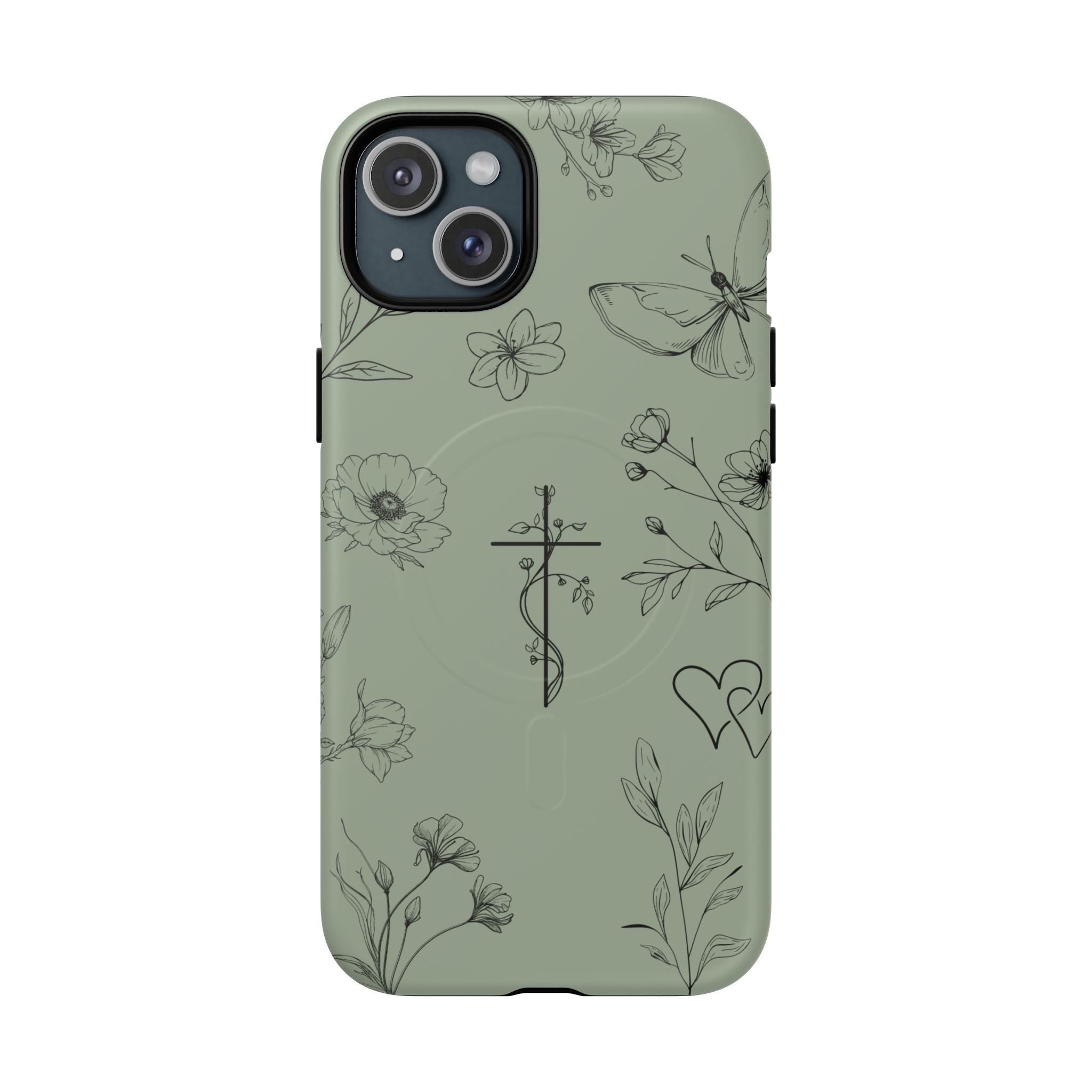 MagSafe phone case - sage green floral cross design