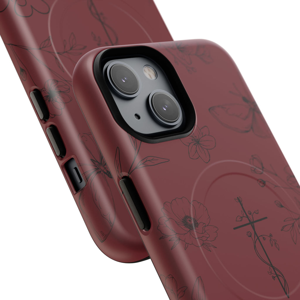 Floral Cross Tough Magnetic Phone Case — Burgundy Protective Cover