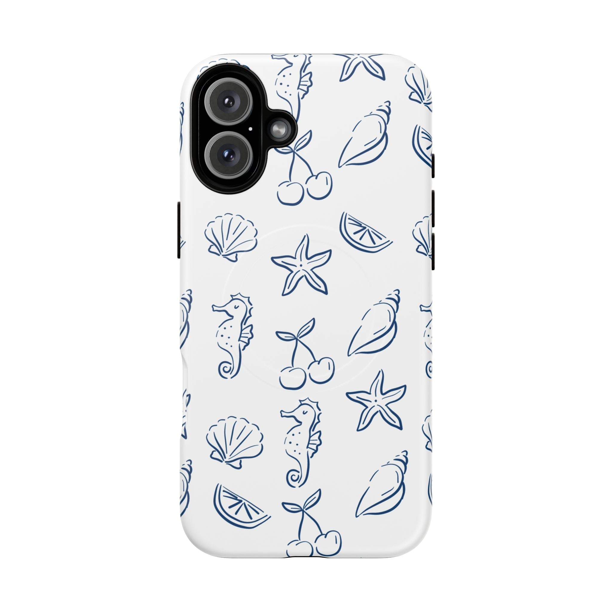 Nautical Sketch Magnetic Phone Case — Seahorse & Seashell Pattern