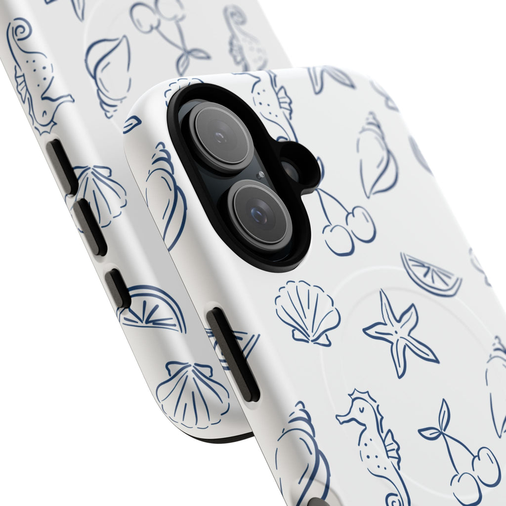 Nautical Sketch Magnetic Phone Case — Seahorse & Seashell Pattern