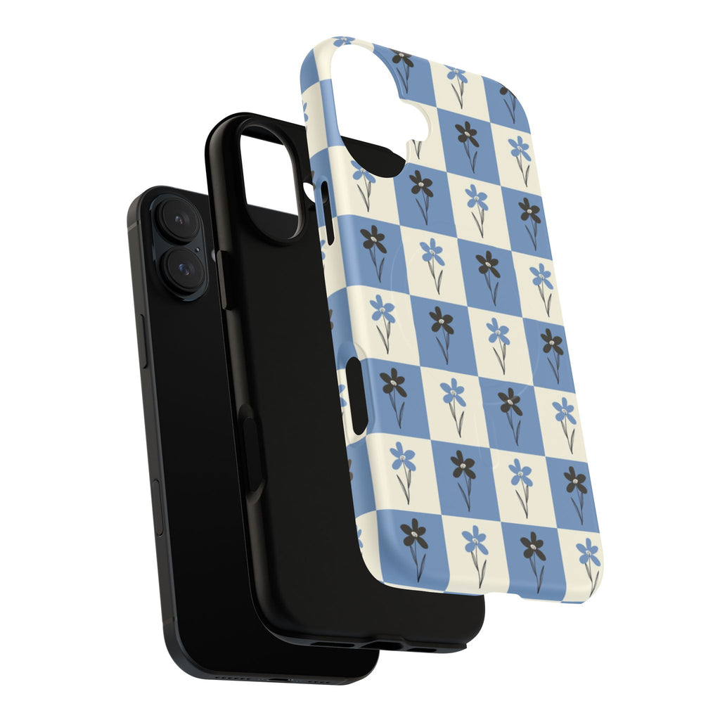 Floral Checkered Phone Case — Blue Vintage Flower Tough Magnetic Case