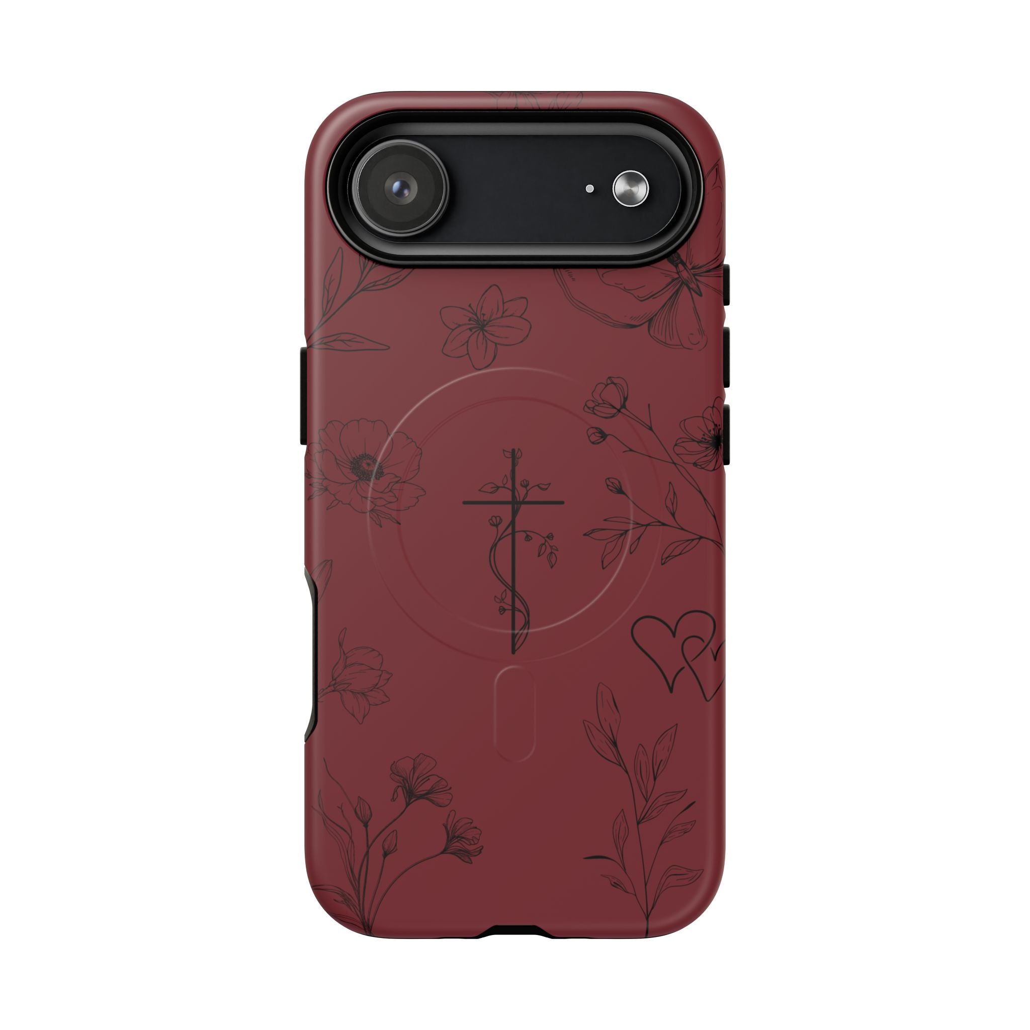 Floral Cross Tough Magnetic Phone Case — Burgundy Protective Cover