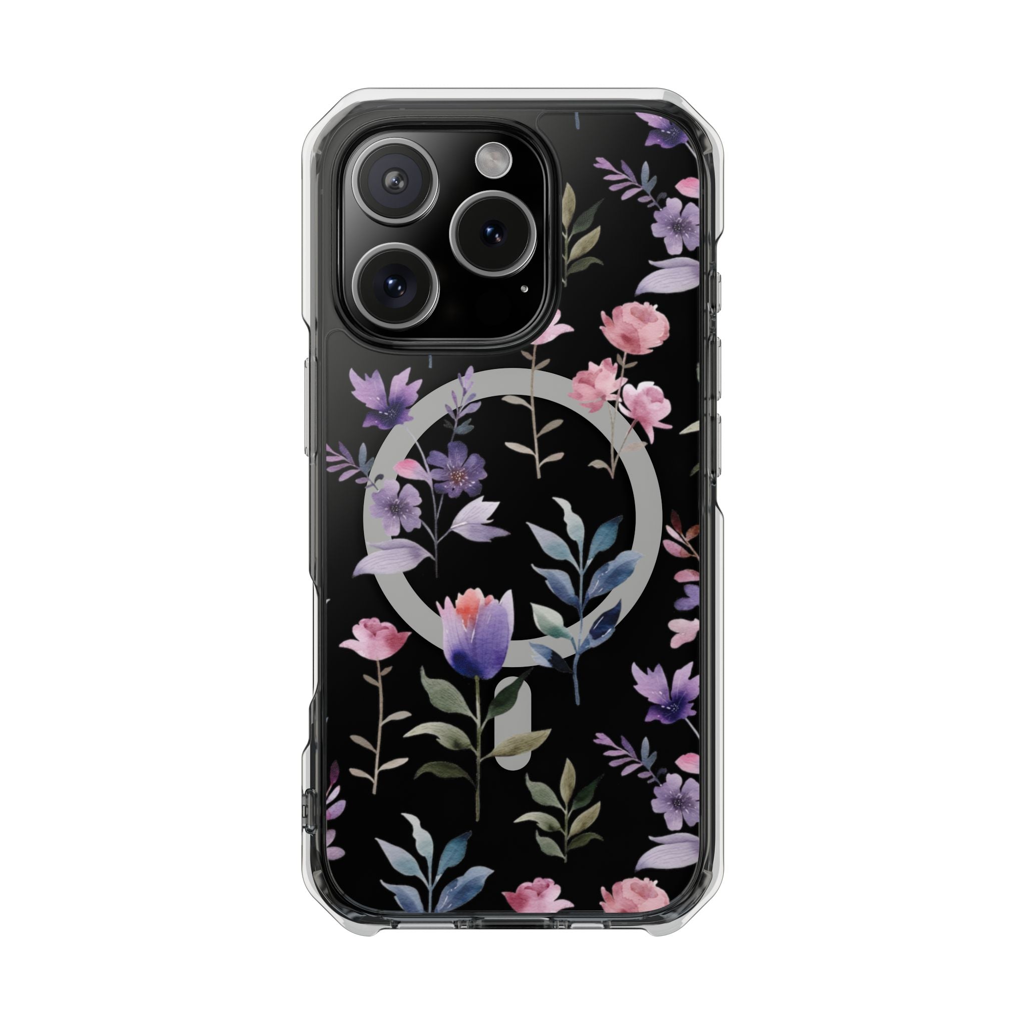 Clear Magnetic Phone Case – Floral Black MagSafe-Compatible Protective Cover