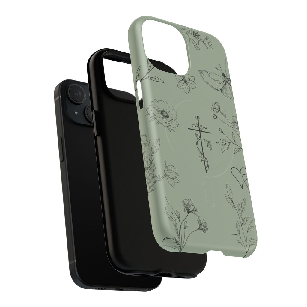 MagSafe phone case - sage green floral cross design