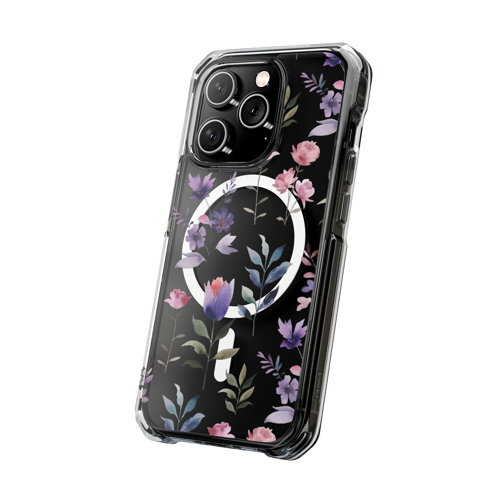Clear Magnetic Phone Case – Floral Black MagSafe-Compatible Protective Cover