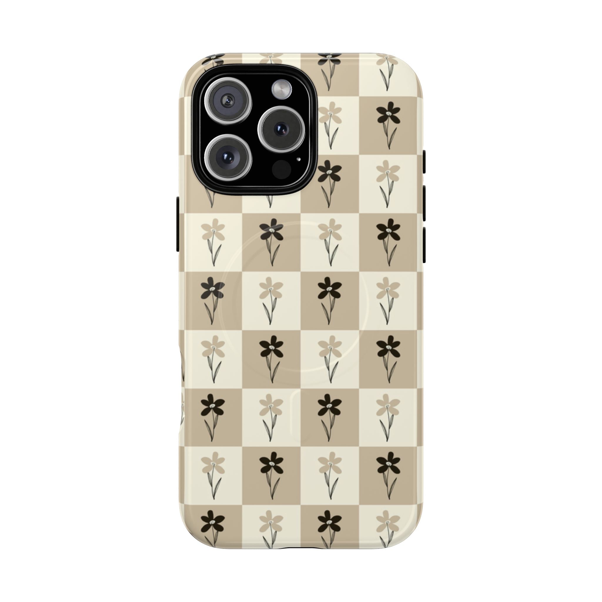 Floral Checkered Tough Magnetic Phone Case — Beige Vintage Flower Grid