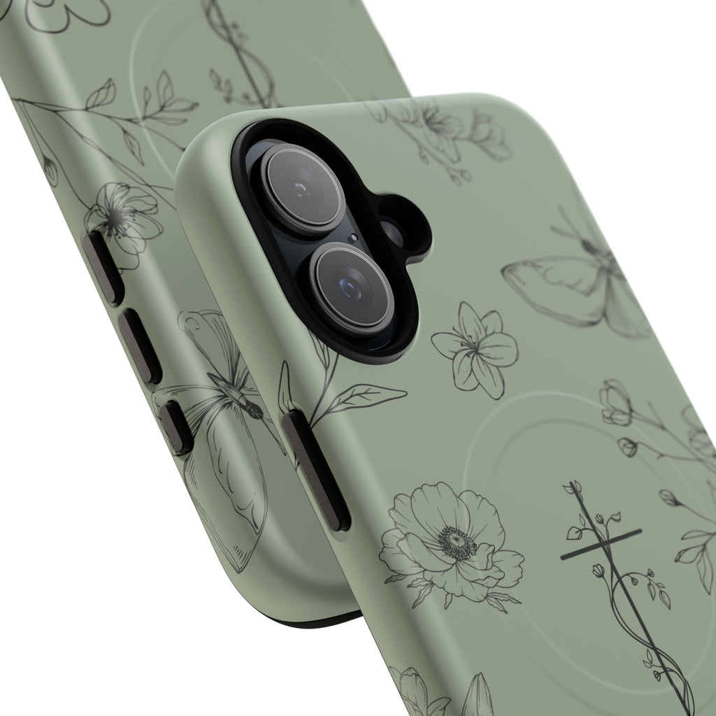 MagSafe phone case - sage green floral cross design