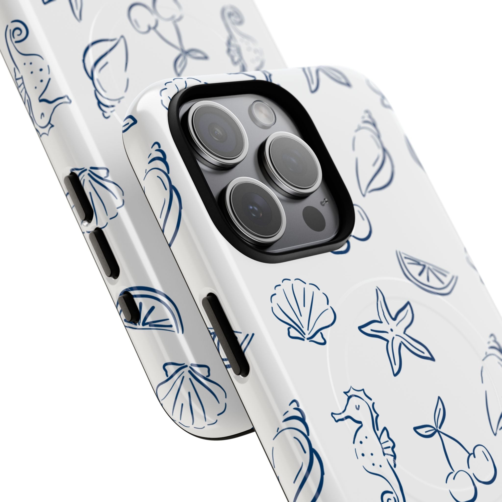 Nautical Sketch Magnetic Phone Case — Seahorse & Seashell Pattern