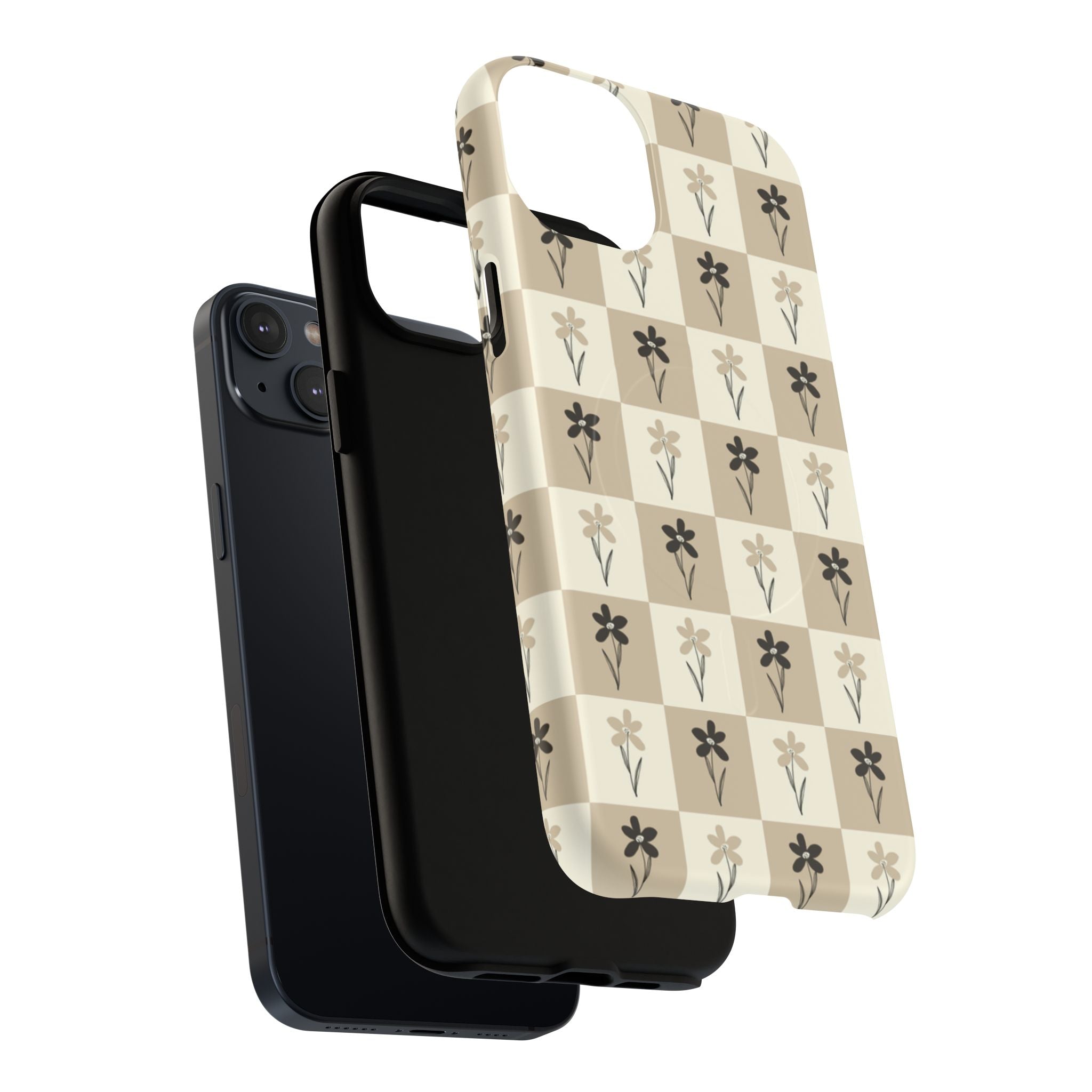 Floral Checkered Tough Magnetic Phone Case — Beige Vintage Flower Grid