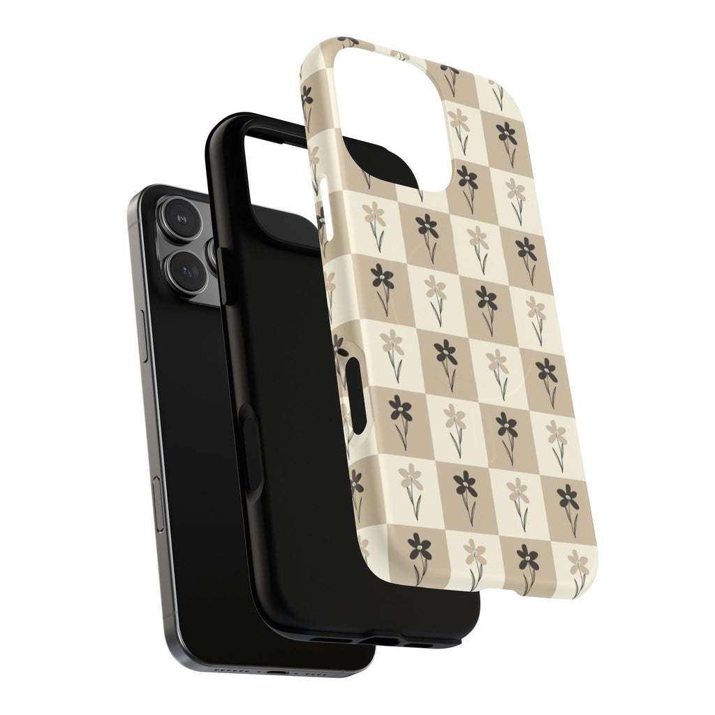 Floral Checkered Tough Magnetic Phone Case — Beige Vintage Flower Grid