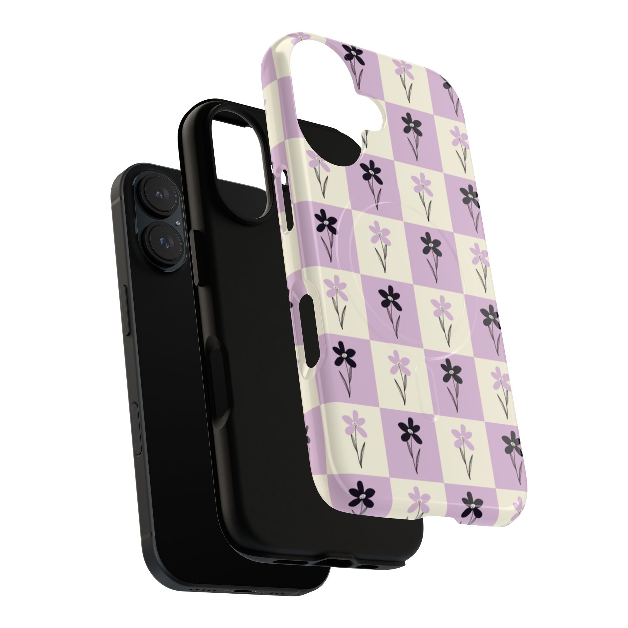 Floral Check Pattern Tough Magnetic Phone Case — Lavender Retro Grid