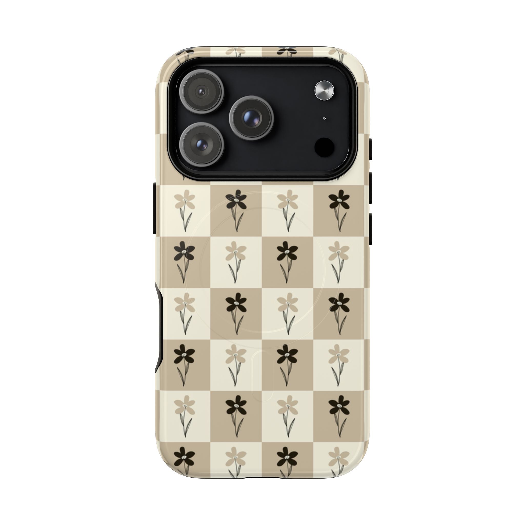 Floral Checkered Tough Magnetic Phone Case — Beige Vintage Flower Grid