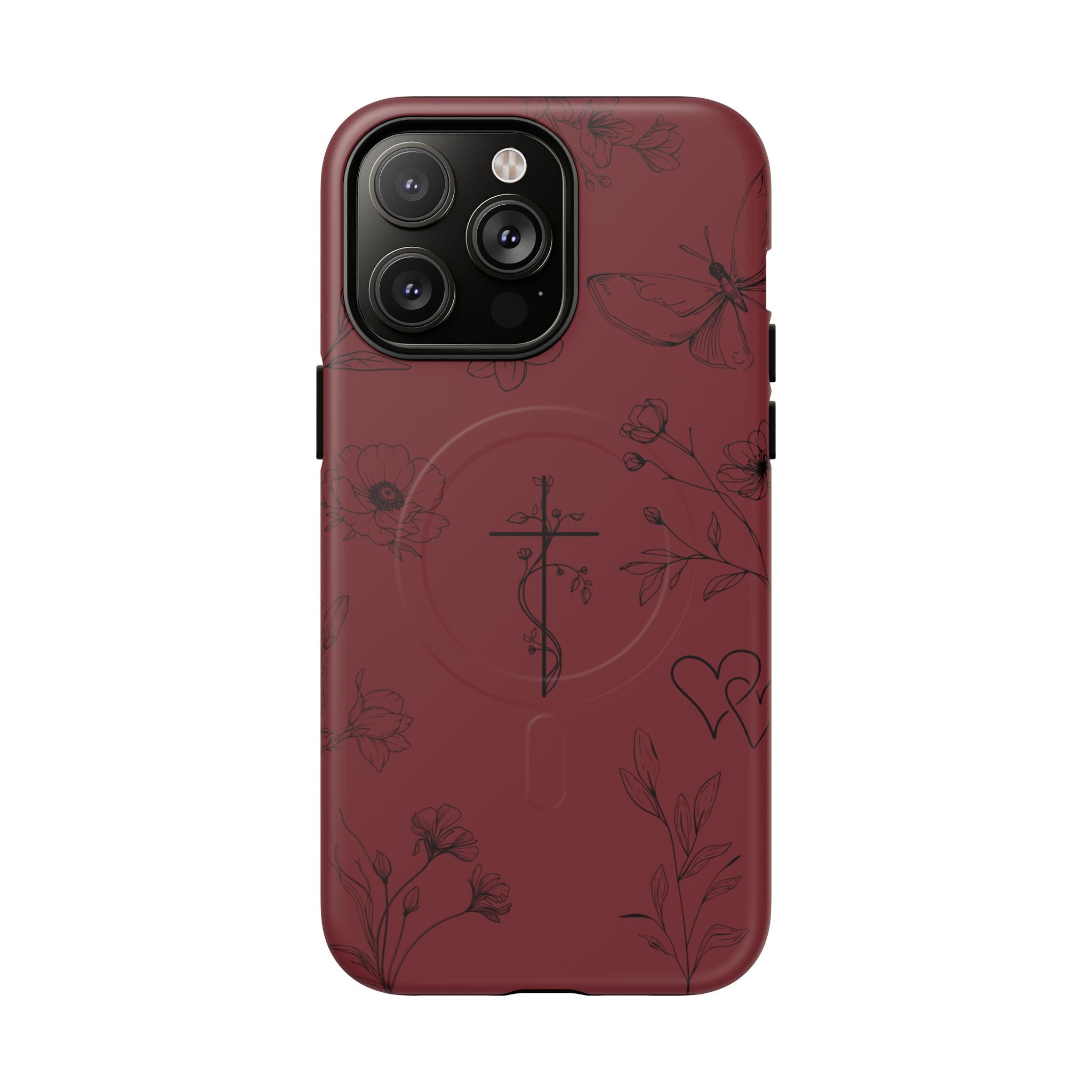 Floral Cross Tough Magnetic Phone Case — Burgundy Protective Cover