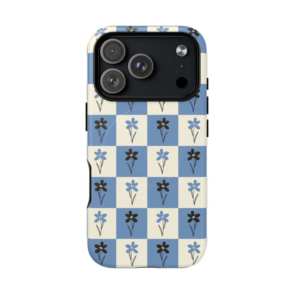 Floral Checkered Phone Case — Blue Vintage Flower Tough Magnetic Case