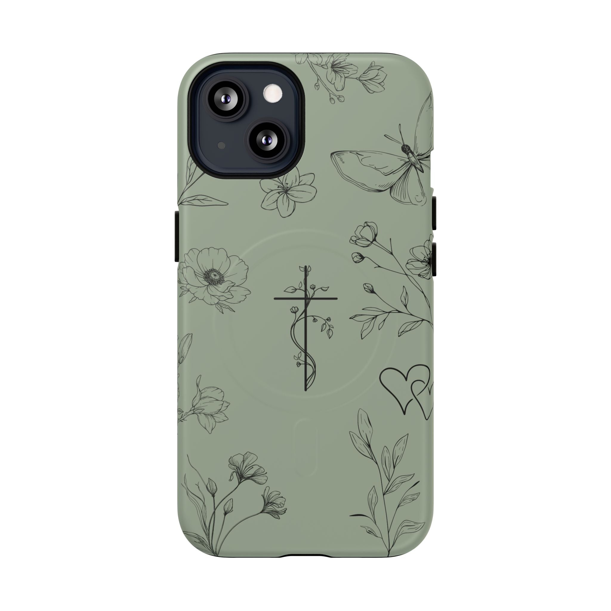 MagSafe phone case - sage green floral cross design