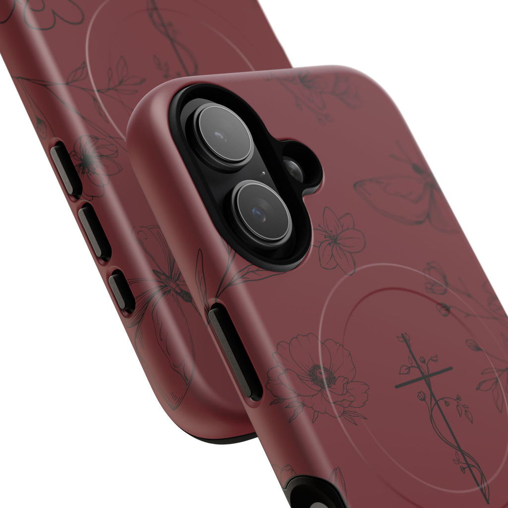 Floral Cross Tough Magnetic Phone Case — Burgundy Protective Cover
