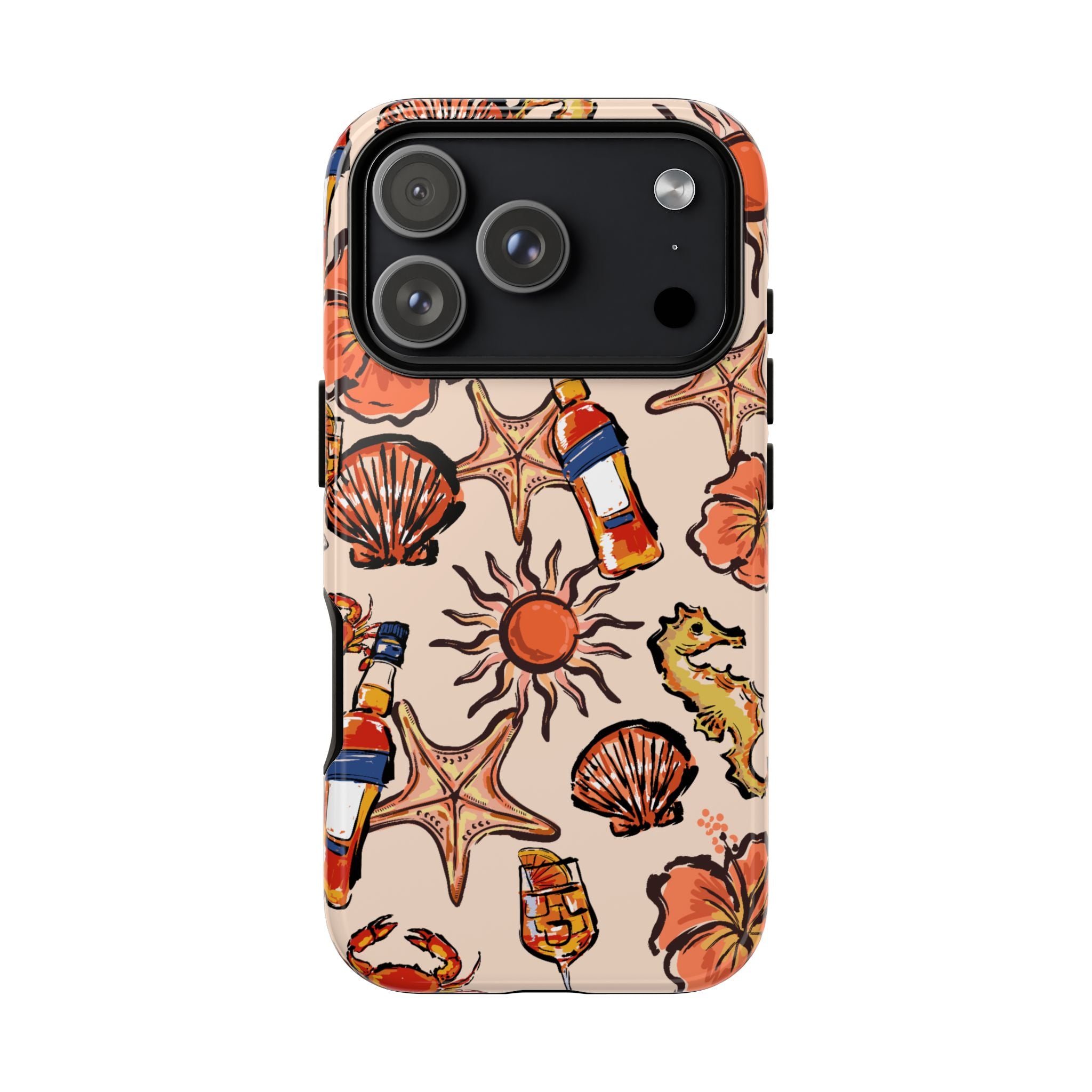 Tropical Beach Phone Case — Hibiscus, Seashells & Cocktail Pattern