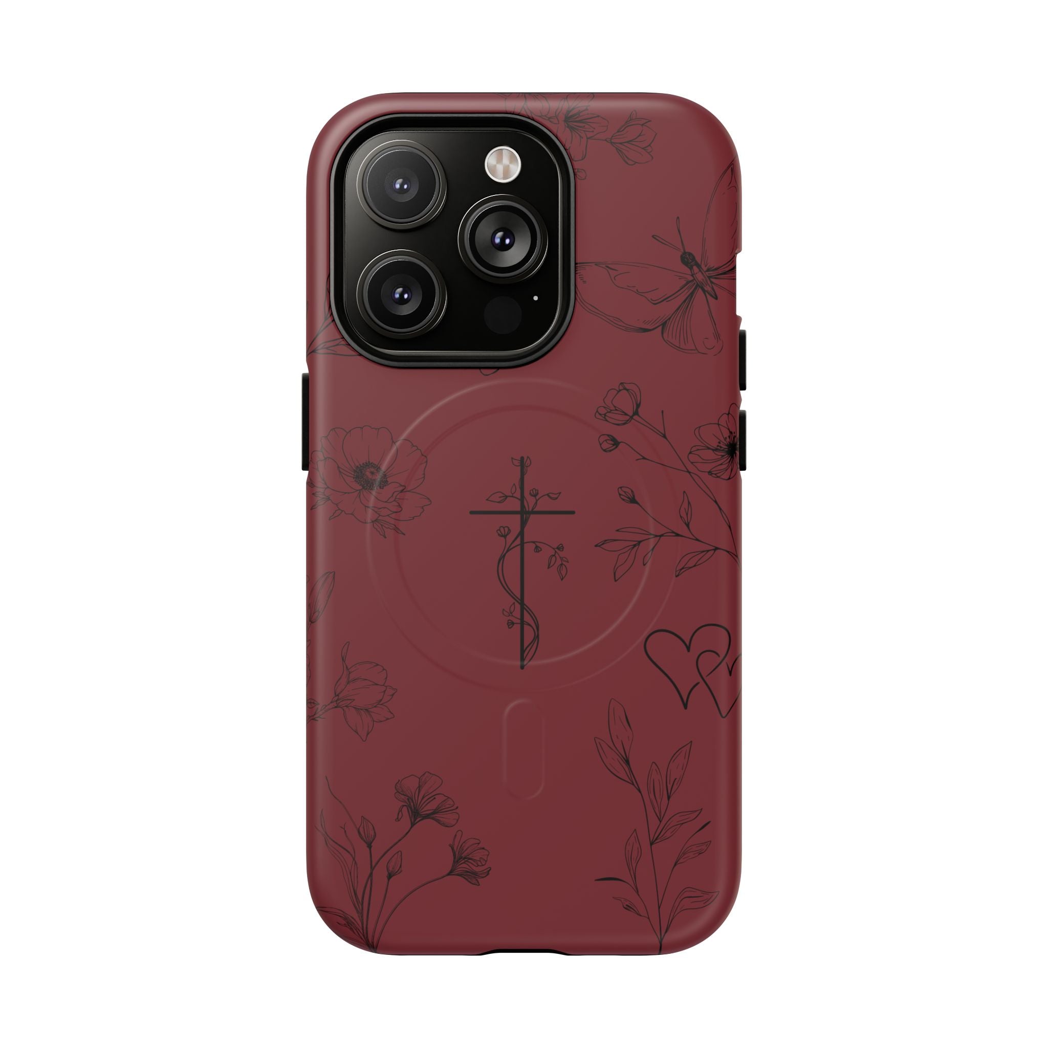 Floral Cross Tough Magnetic Phone Case — Burgundy Protective Cover