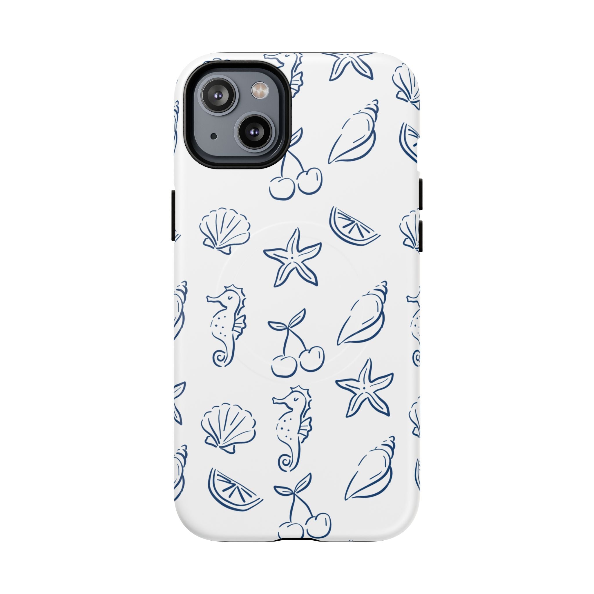 Nautical Sketch Magnetic Phone Case — Seahorse & Seashell Pattern
