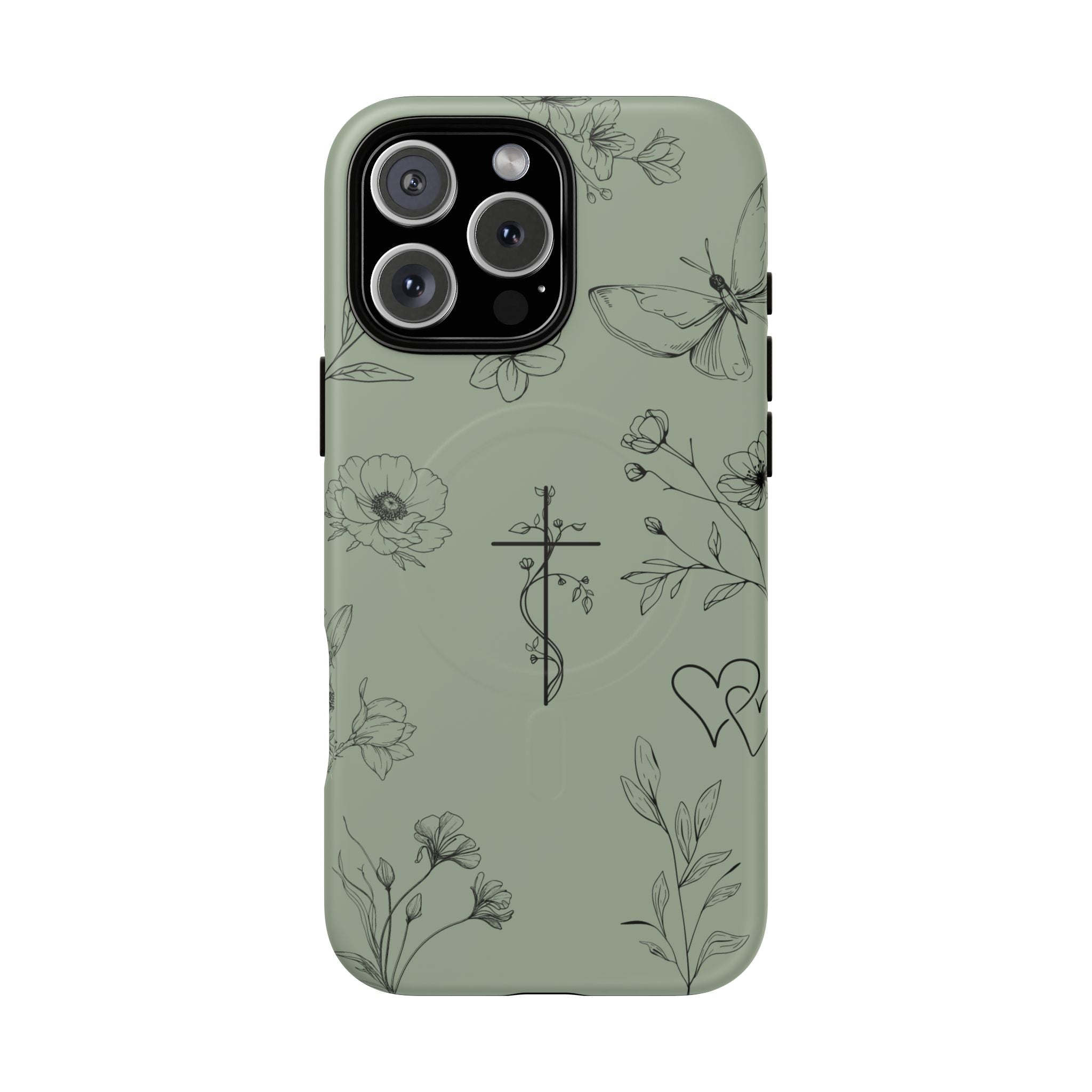 MagSafe phone case - sage green floral cross design