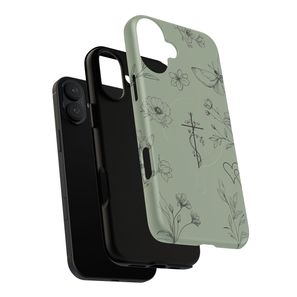 MagSafe phone case - sage green floral cross design