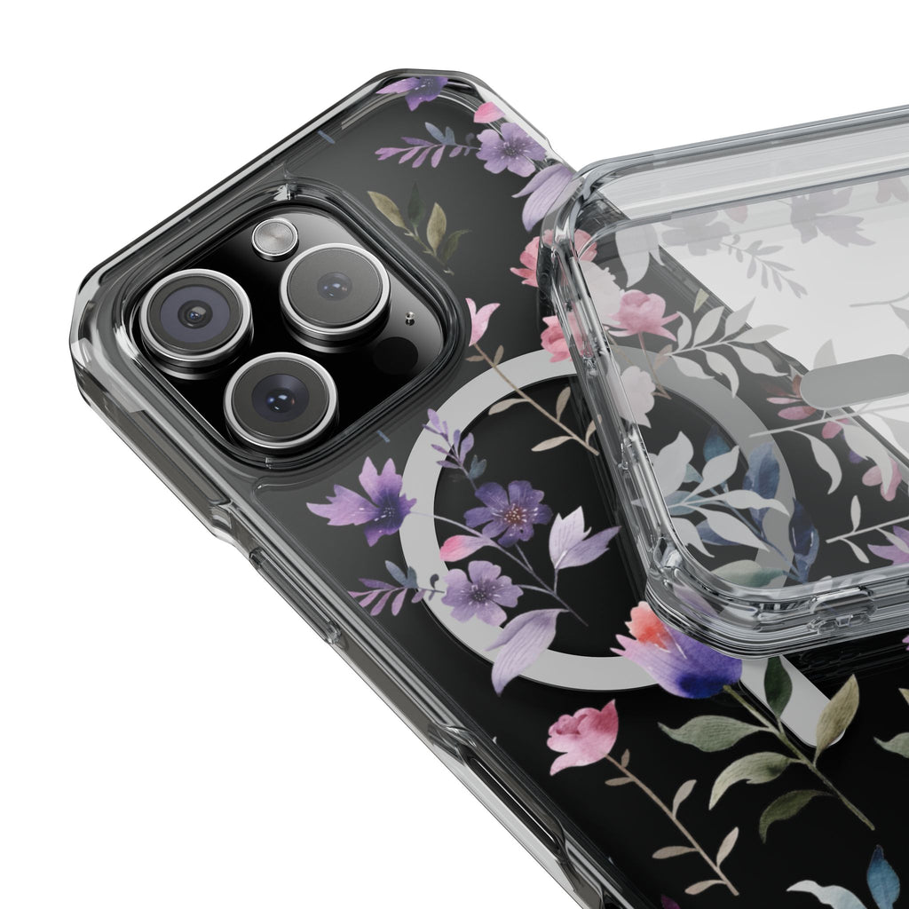 Clear Magnetic Phone Case – Floral Black MagSafe-Compatible Protective Cover