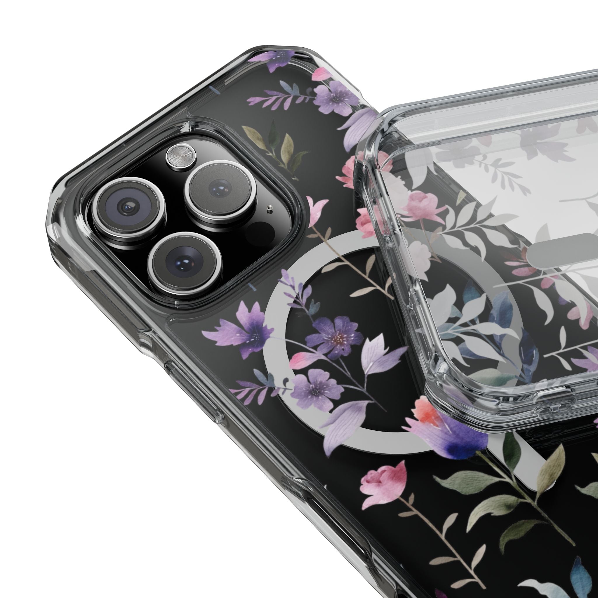 Clear Magnetic Phone Case – Floral Black MagSafe-Compatible Protective Cover