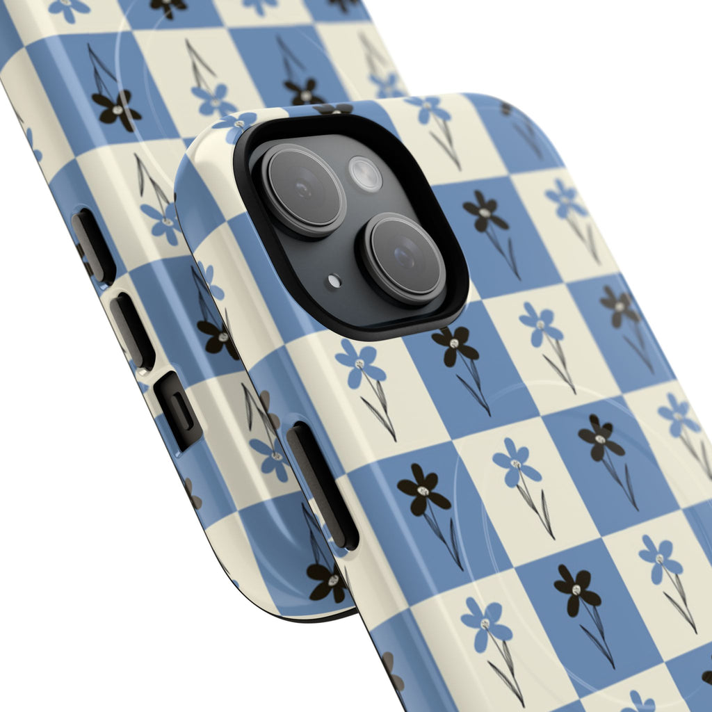 Floral Checkered Phone Case — Blue Vintage Flower Tough Magnetic Case