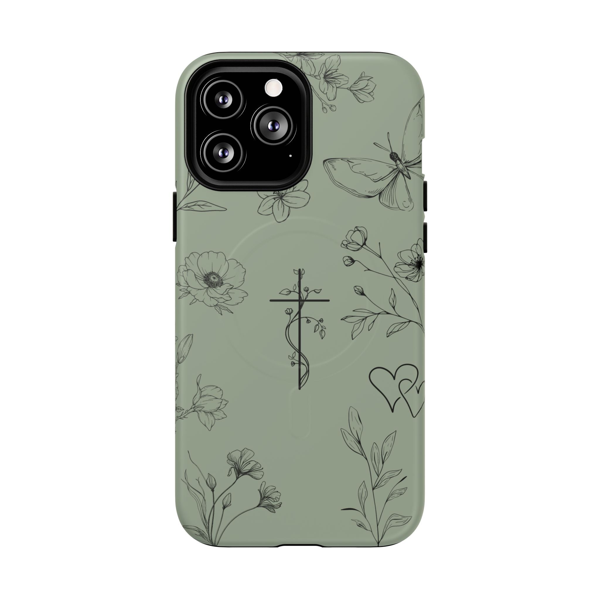 MagSafe phone case - sage green floral cross design