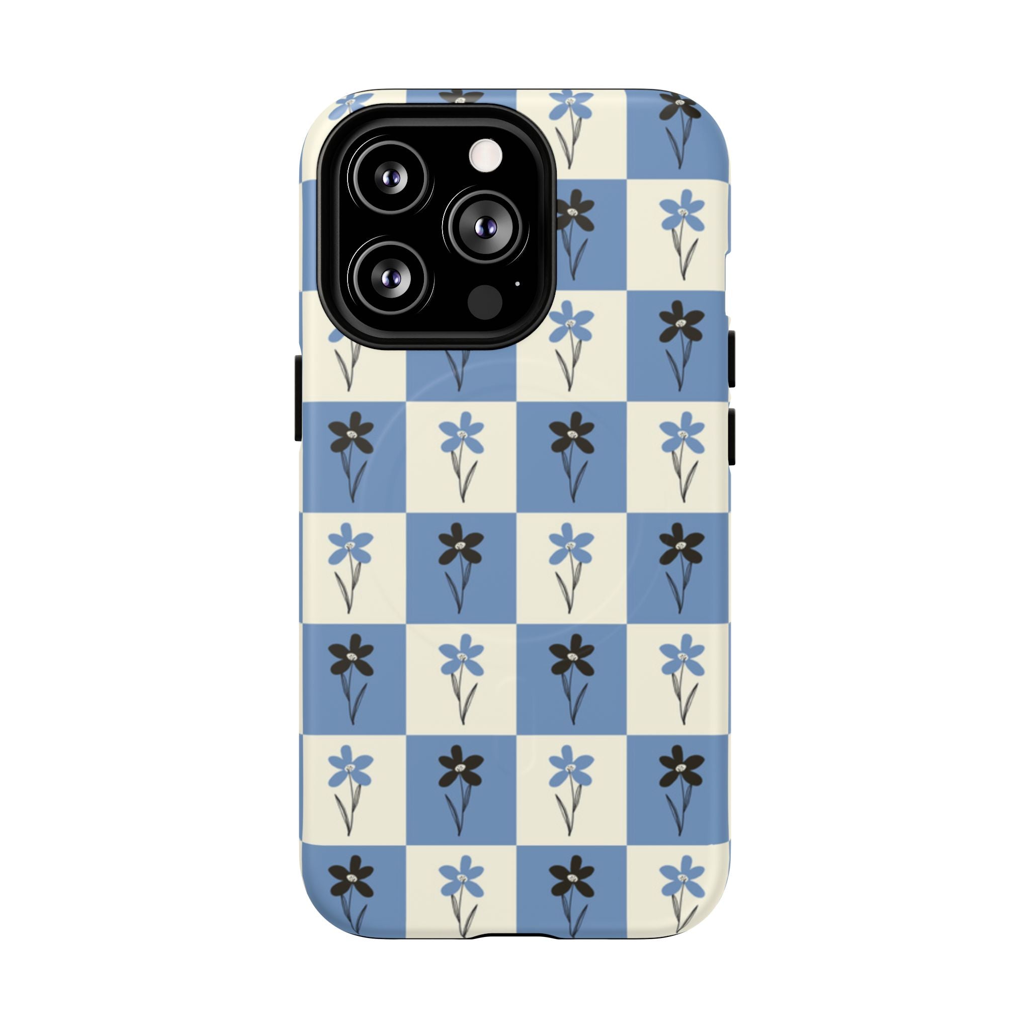 Floral Checkered Phone Case — Blue Vintage Flower Tough Magnetic Case