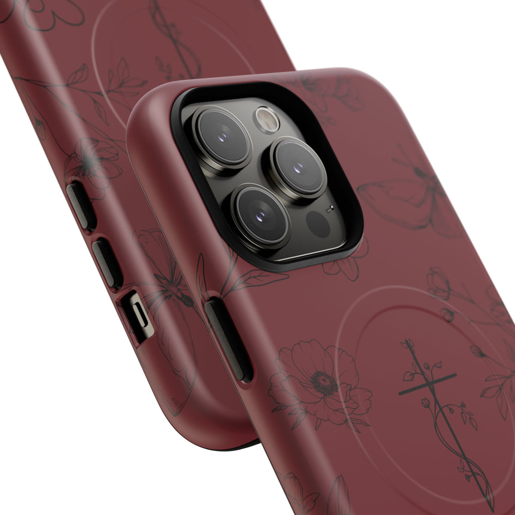 Floral Cross Tough Magnetic Phone Case — Burgundy Protective Cover