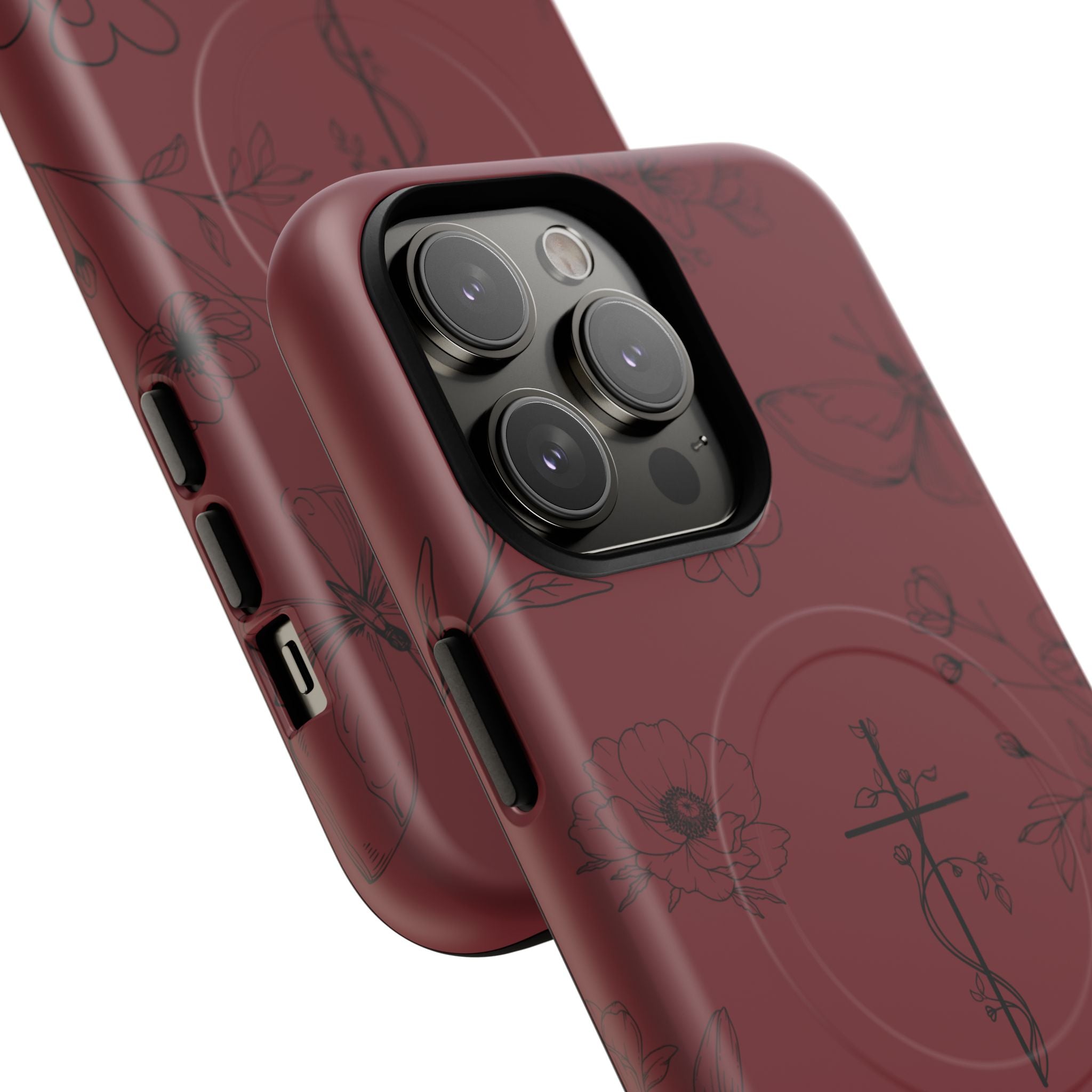 Floral Cross Tough Magnetic Phone Case — Burgundy Protective Cover