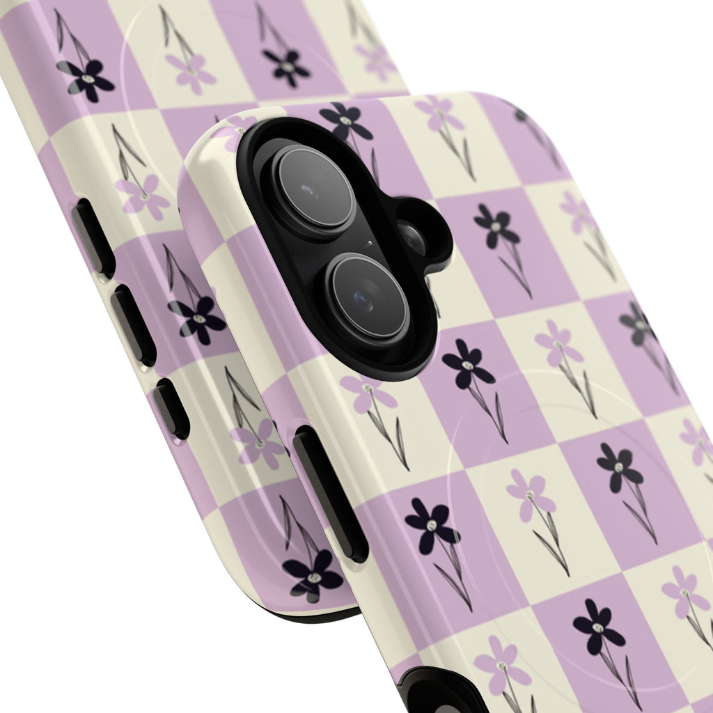 Floral Check Pattern Tough Magnetic Phone Case — Lavender Retro Grid