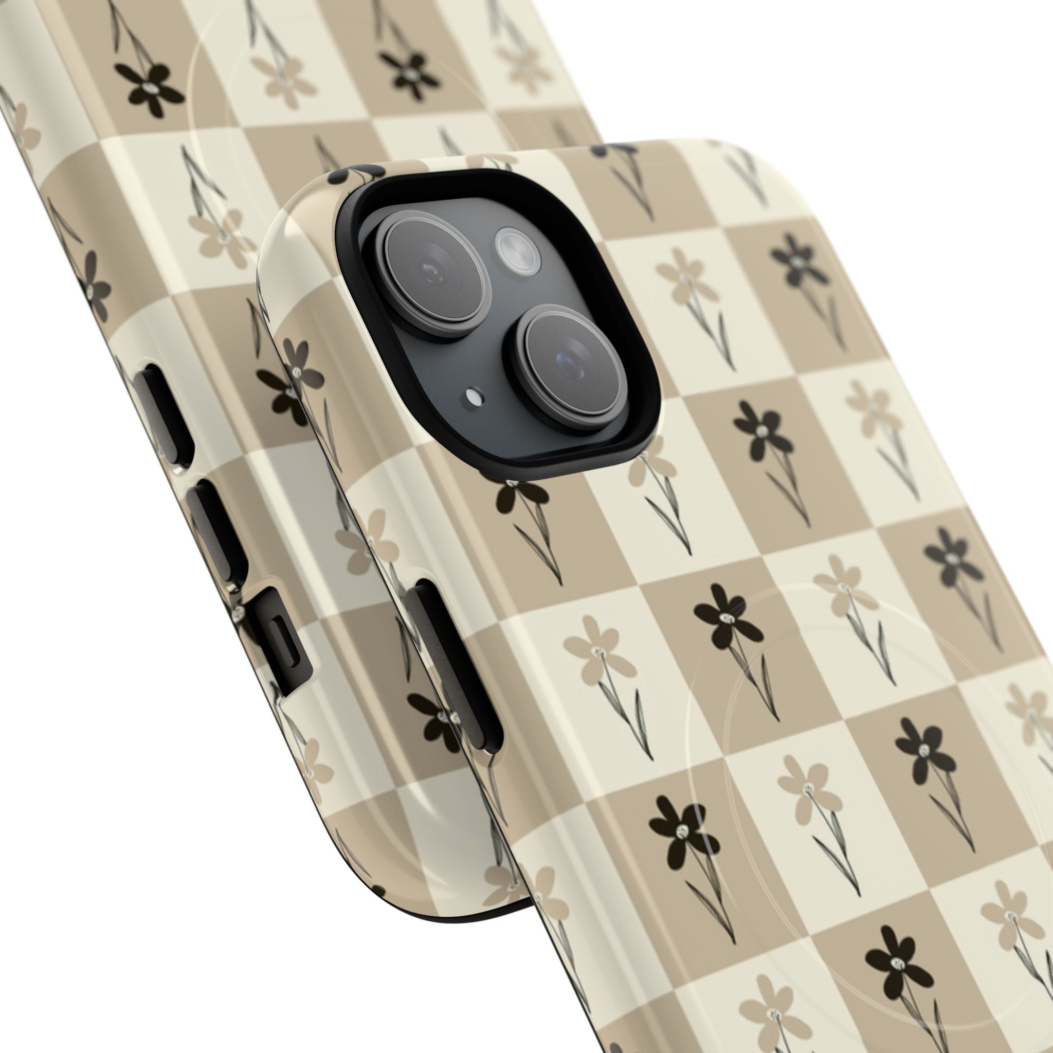 Floral Checkered Tough Magnetic Phone Case — Beige Vintage Flower Grid