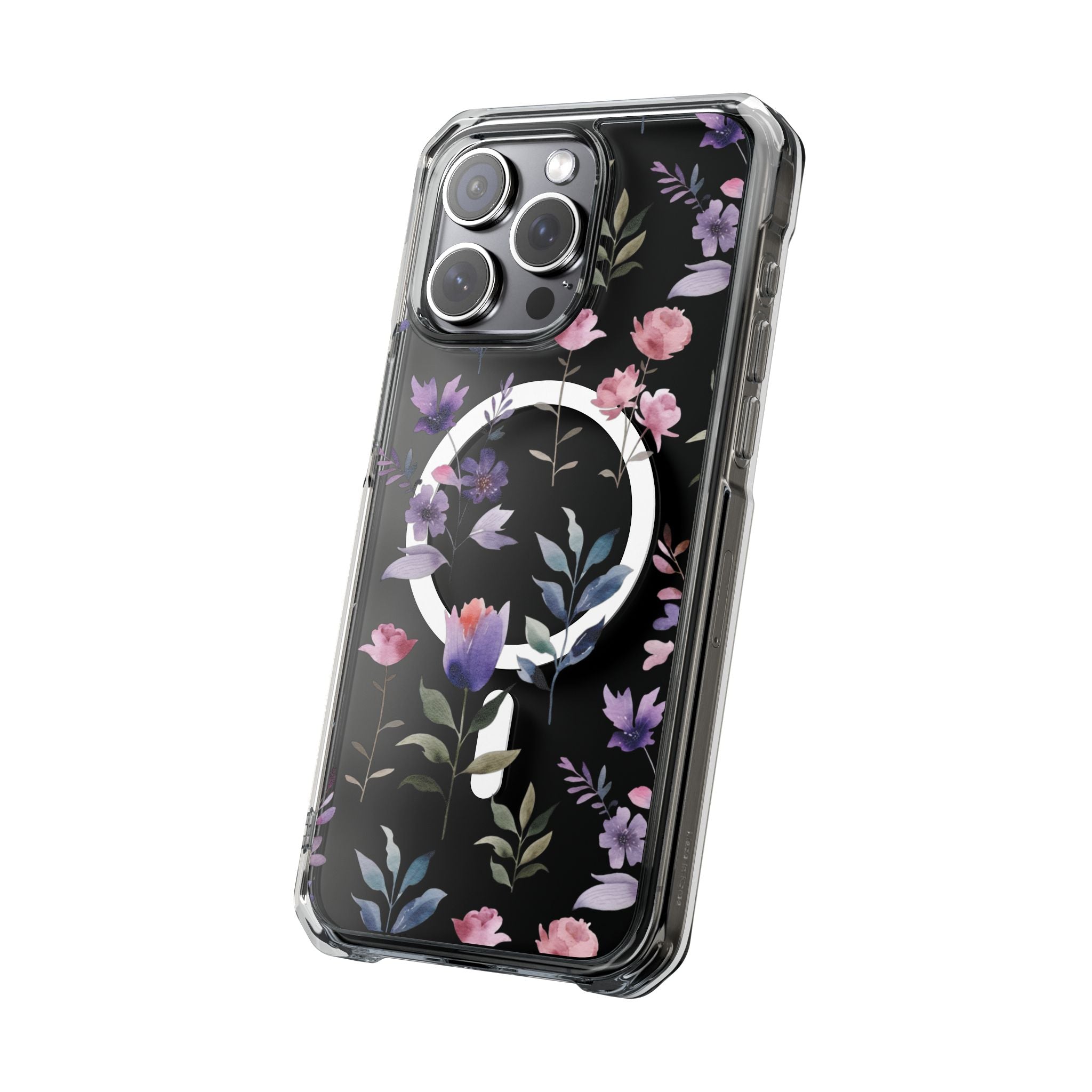 Clear Magnetic Phone Case – Floral Black MagSafe-Compatible Protective Cover