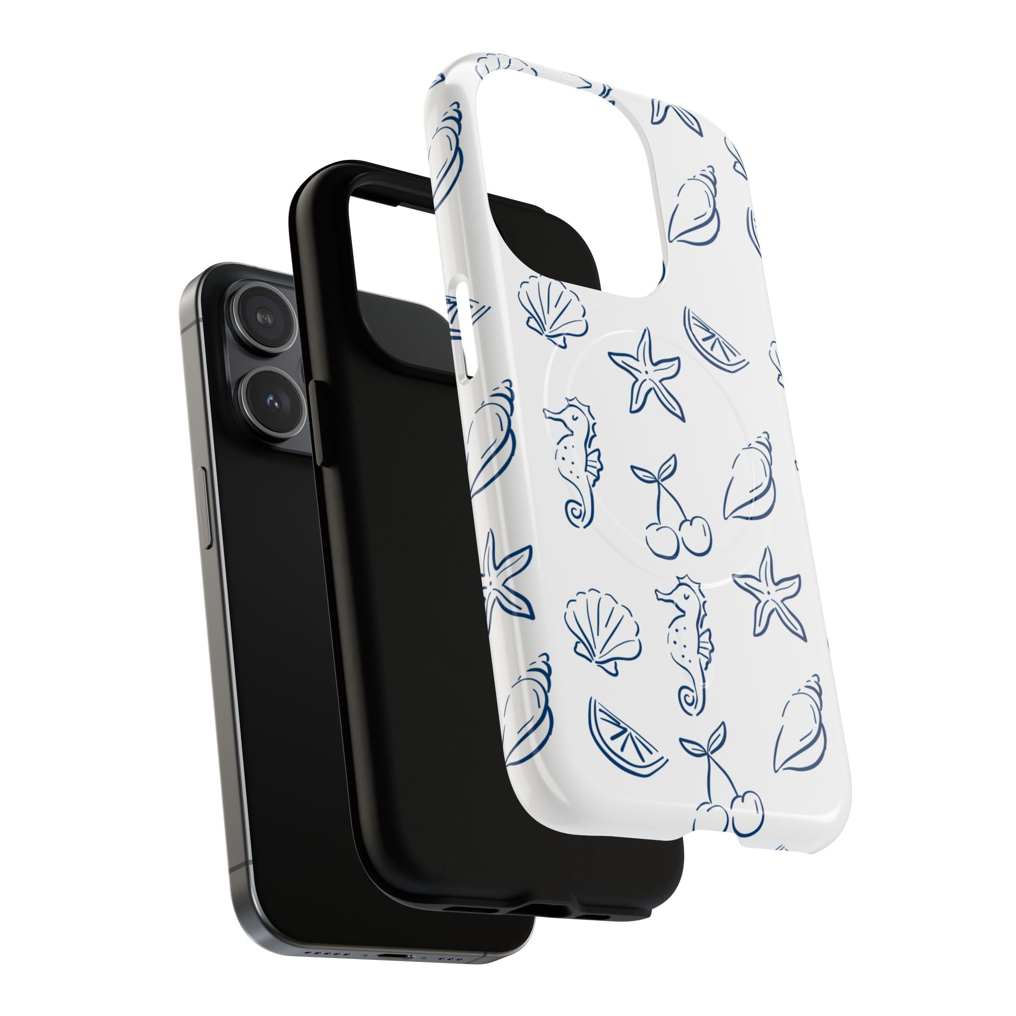 Nautical Sketch Magnetic Phone Case — Seahorse & Seashell Pattern