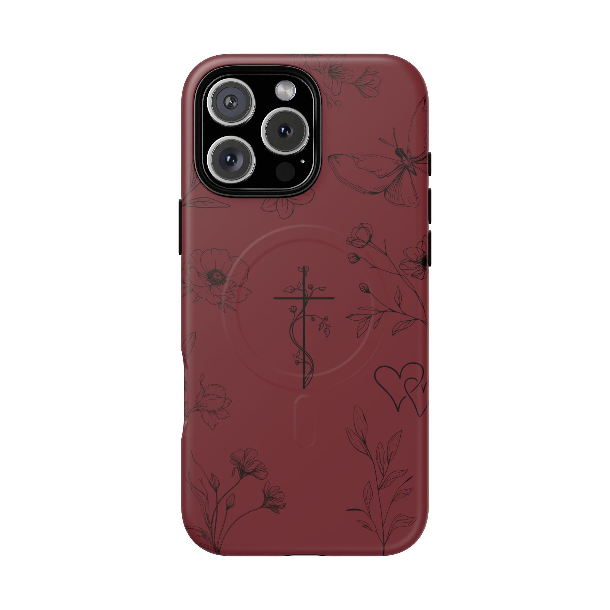 Floral Cross Tough Magnetic Phone Case — Burgundy Protective Cover