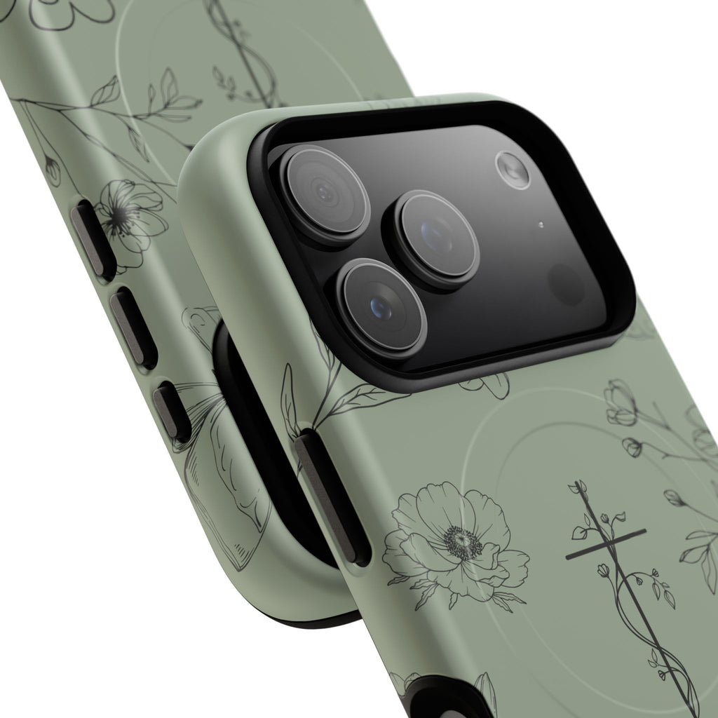 MagSafe phone case - sage green floral cross design