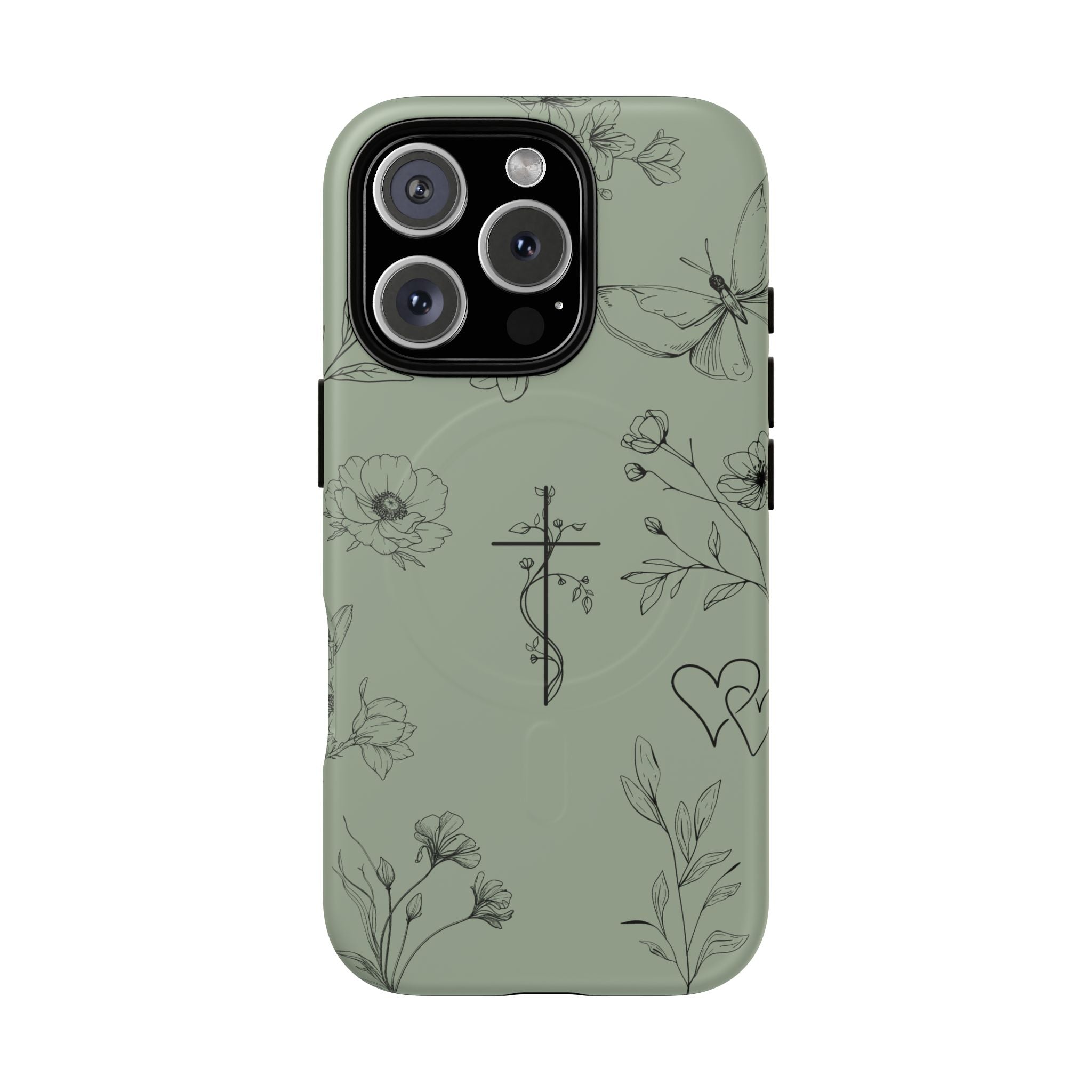 MagSafe phone case - sage green floral cross design