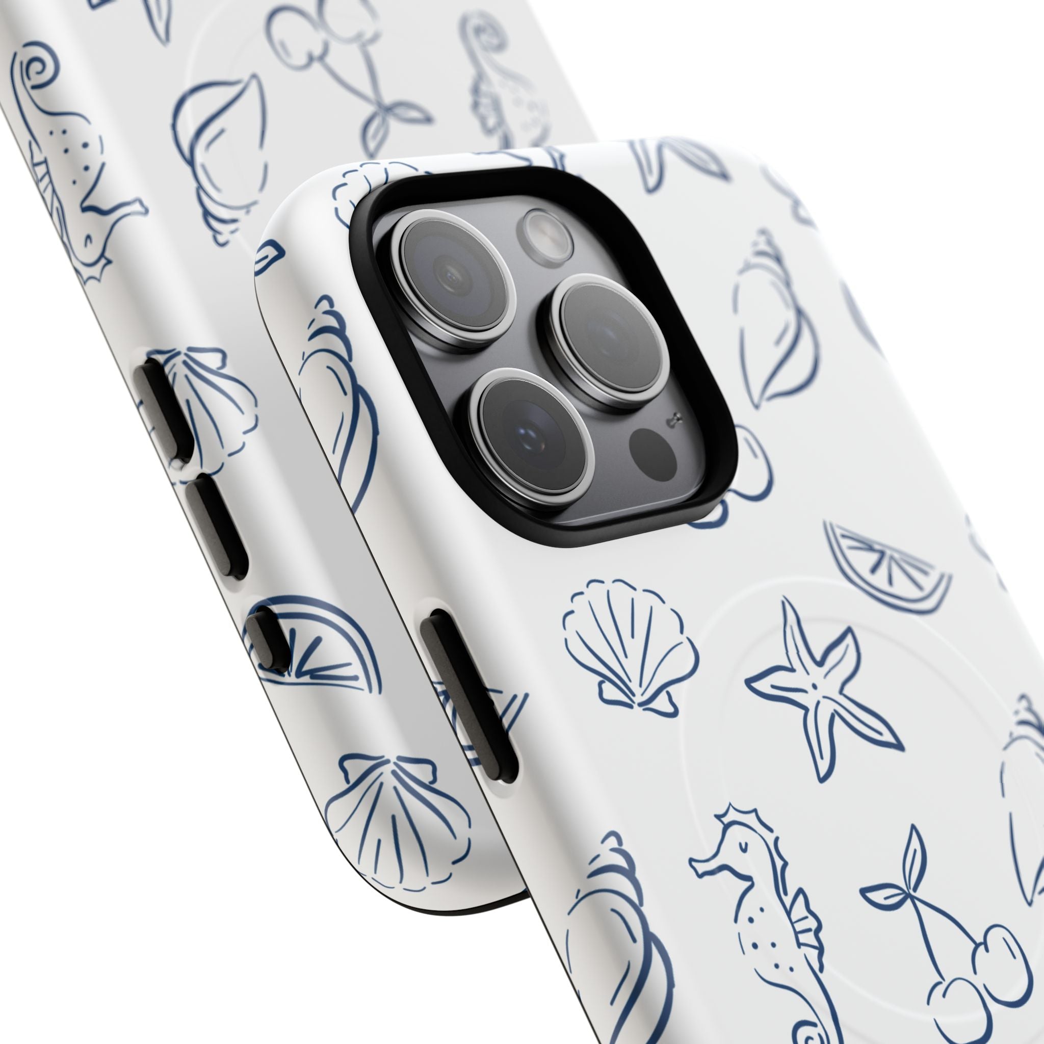Nautical Sketch Magnetic Phone Case — Seahorse & Seashell Pattern