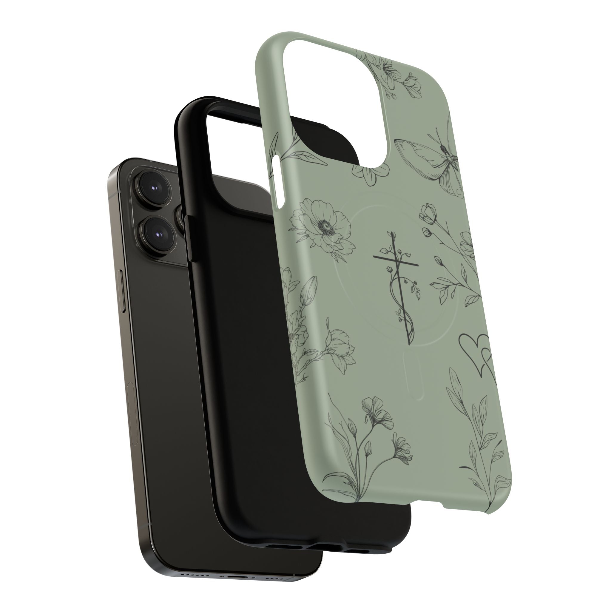 MagSafe phone case - sage green floral cross design