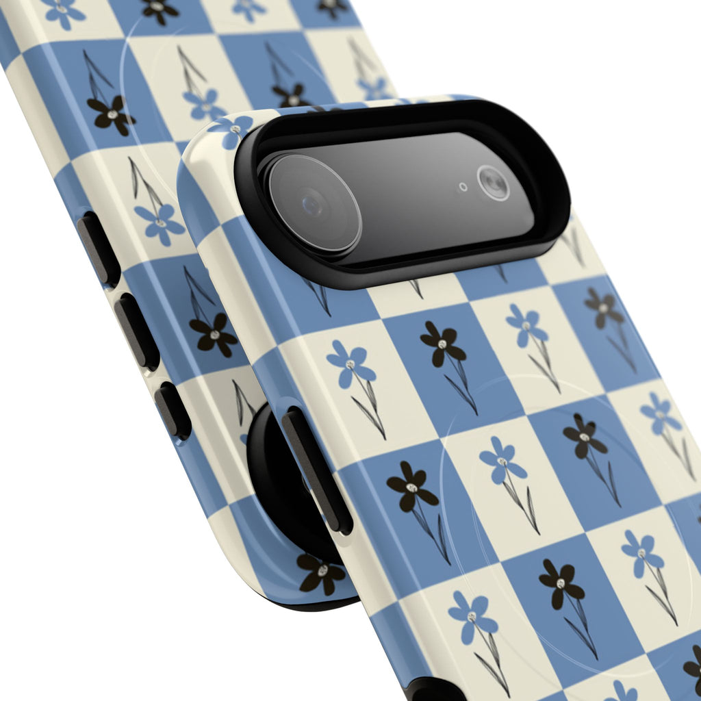 Floral Checkered Phone Case — Blue Vintage Flower Tough Magnetic Case